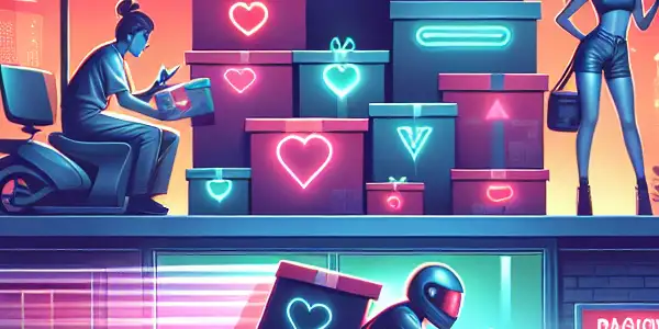 A high-tech delivery service showcasing colorful adult-themed products in discreet packaging against a vibrant urban twilight backdrop.