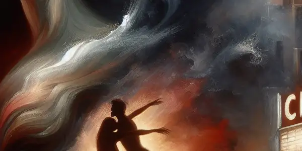 A passionate couple in a cinematic setting, symbolizing love and desire against a moody urban backdrop.