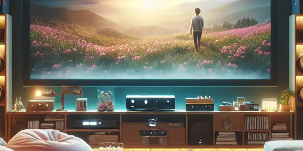 A cozy home theater with a large screen, plush seating, ambient lighting, and a snack table.