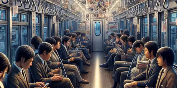 A bustling Japanese train interior filled with diverse passengers, capturing emotions and societal themes amidst a moody atmosphere.