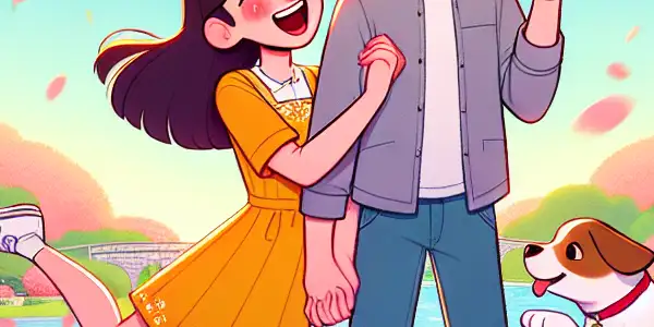 A young couple shares a playful moment in a sunny park surrounded by cherry blossoms and a jumping dog.