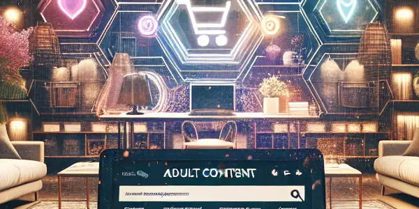 A modern home office scene showcasing a secure and inviting online shopping experience for adult content.