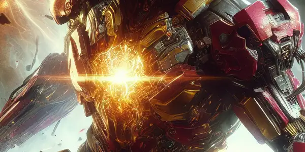 Tony Stark in Iron Man armor battles the villain Mandarin amidst explosions in a chaotic urban landscape.