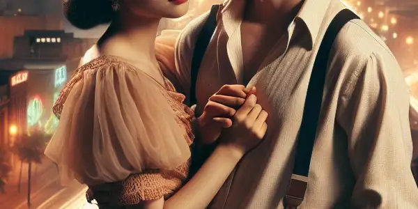 A young couple shares a deep emotional moment in a bustling urban twilight, symbolizing love and sacrifice.