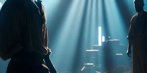 A determined man in a dim prison cell, holding a rock hammer, symbolizes hope and resilience against adversity.