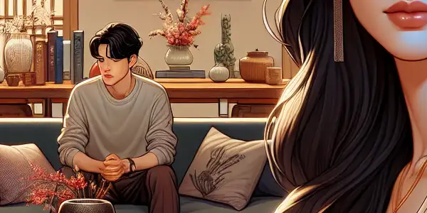 A young stepmother and her contemplative stepson share an emotional moment in a stylish, modern Korean living room.