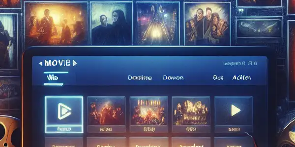 A modern online movie streaming platform interface featuring diverse movie thumbnails, navigation bar, and cinematic elements like film reels and popcorn.