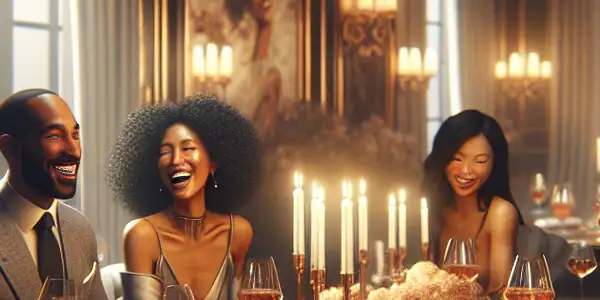 An elegant, intimate gathering in a sophisticated room, featuring diverse guests enjoying conversation and ambiance.