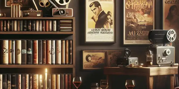 A cozy, dimly lit room filled with vintage adult film posters and memorabilia, evoking nostalgia and intimacy.