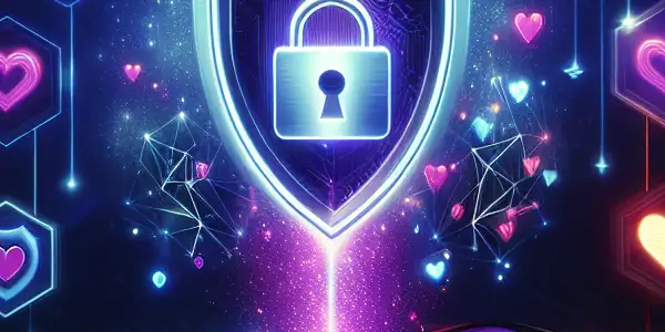 A futuristic digital landscape symbolizing cybersecurity, featuring shields, locks, and a glowing monitor promoting safe online practices.