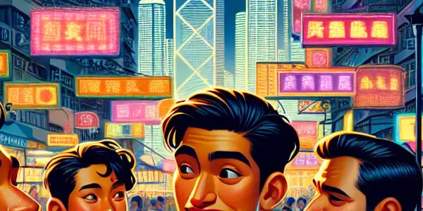 A lively nighttime scene in Hong Kong featuring diverse characters engaged in a humorous discussion amidst neon lights and city landmarks.