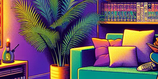 A cozy living room scene with a young adult watching a romantic anime on a large screen, surrounded by manga and snacks.