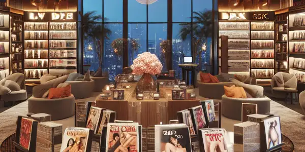 A sophisticated adult entertainment store interior featuring vintage and modern products in a warm, inviting atmosphere.