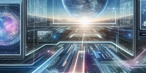 A sleek, futuristic workspace with multiple screens showcasing abstract adult content and glowing digital connections.