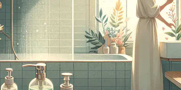 A serene bathroom scene illustrating a relaxed person practicing intimate personal hygiene with gentle cleansing products.