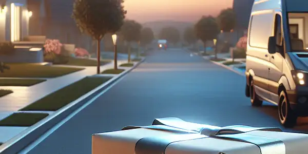 A discreet delivery of elegantly wrapped adult products in a serene suburban neighborhood, emphasizing privacy and sophistication.