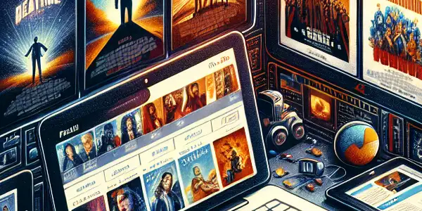 A modern digital interface showcasing a vibrant array of movie posters on various devices, evoking cinematic excitement.<a href=