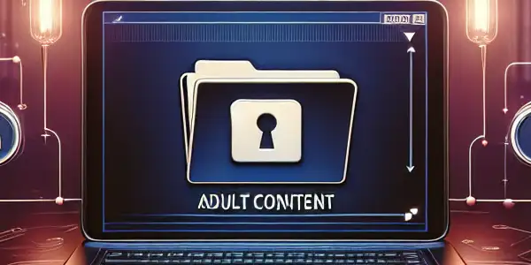 A modern workspace featuring a laptop with an “Adult Content” folder, surrounded by digital security tools and symbols.