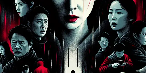 Cinematic poster of actress Zhou Xiangyun in a suspenseful scene, surrounded by shadowy figures and a moody atmosphere.