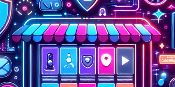 A vibrant online marketplace for adult entertainment featuring virtual storefronts, engaging icons, and futuristic technology elements.