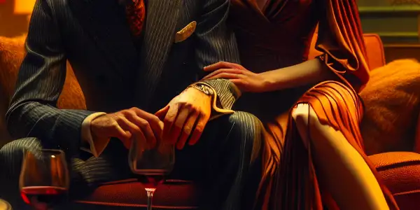 A stylish 1970s New York apartment with a couple engaged in intimate conversation, surrounded by romantic decor and soft lighting.