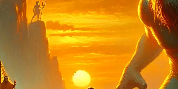 Odysseus confronts a towering Cyclops amidst crashing waves and seductive Sirens in a dramatic ancient Greek landscape.