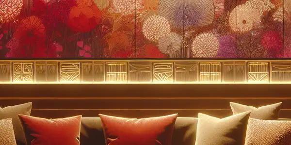 A cozy private viewing room with a plush sofa, warm lighting, and abstract sensual imagery on a large screen.