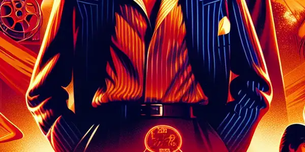 A dynamic movie poster featuring a charismatic male lead, dramatic silhouettes, and elements of romance and tension.