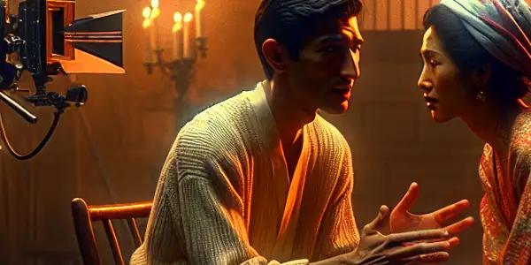 Two actors in a film studio, expressing passion and surprise, blurring the lines between acting and genuine emotion.