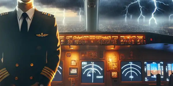A heroic airline captain in a cockpit faces a turbulent sky during a crisis flight.