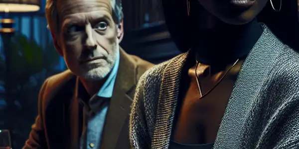 A tense encounter between a suspicious wife, her conflicted husband, and an enigmatic young woman in a dimly lit living room.