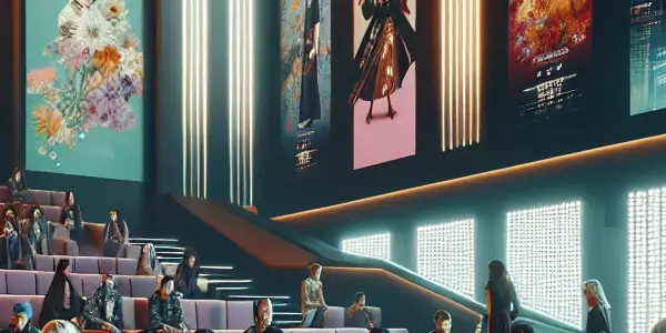 A vibrant modern cinema lobby with diverse young adults discussing films amidst plush seating and digital screens.