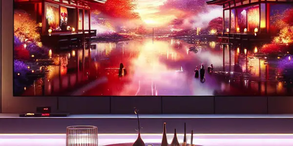 A modern living room featuring a flat-screen TV displaying vibrant adult film scenes, surrounded by plush furniture and soft lighting.