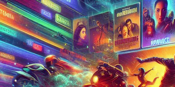 A cozy home movie-watching scene featuring a modern streaming interface with diverse film genres and engaging visuals.