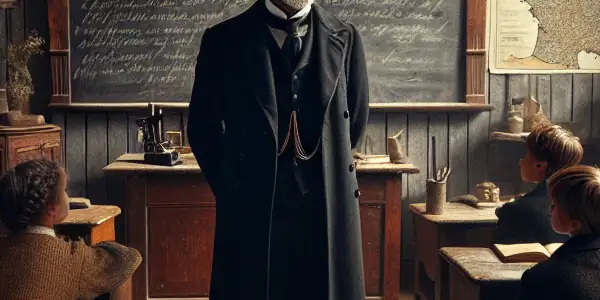 A somber 19th-century classroom scene with a passionate teacher addressing attentive, nostalgic students amidst cultural symbols.