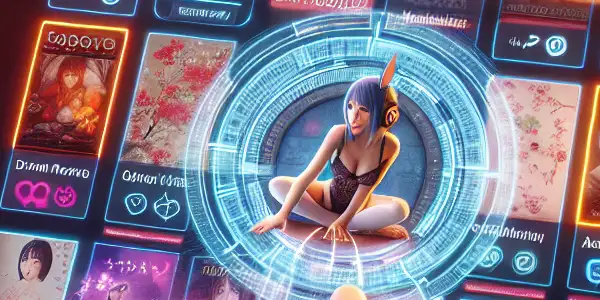 A futuristic digital shopping scene showcasing Japanese adult video culture with vibrant thumbnails and a curious user in a cozy setting.