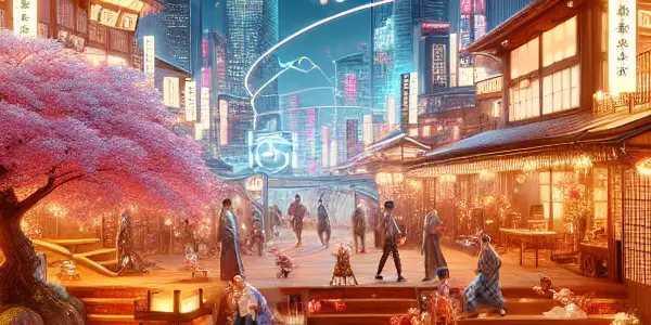A futuristic scene blending modern technology and traditional Japanese aesthetics with diverse characters in an engaging atmosphere.