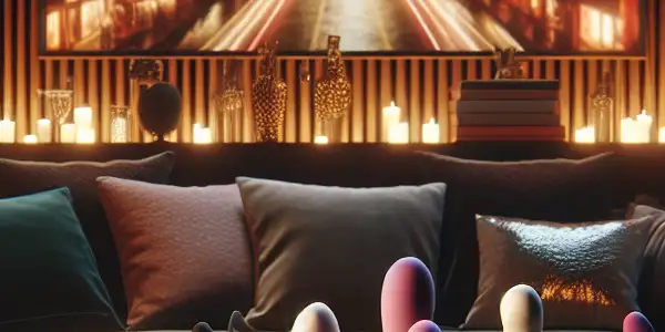 A cozy living room with soft lighting, plush cushions, and intimate products enhancing the adult film viewing experience.