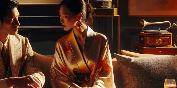 A sophisticated couple shares an intimate moment in a luxurious, dimly lit room with elegant Asian decor.