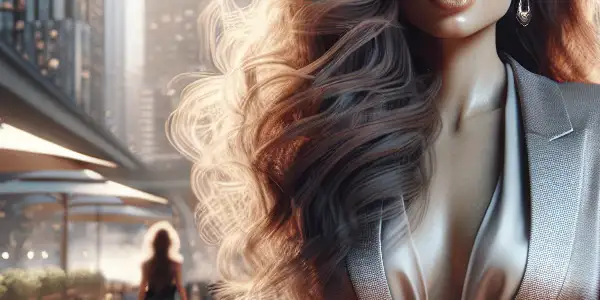 A stylish woman exuding confidence in a vibrant urban setting, surrounded by bustling streets and sunlight.<a href=