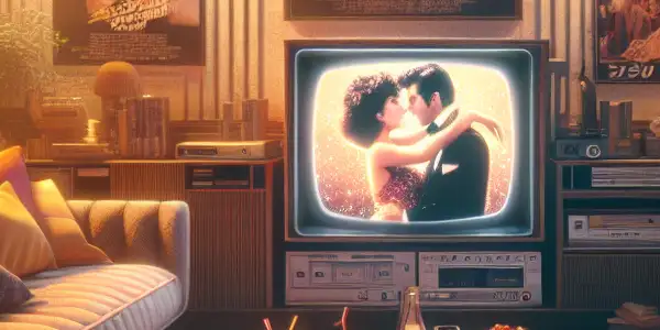 A cozy, vintage living room filled with nostalgic decor and a classic television showing a retro Japanese film.