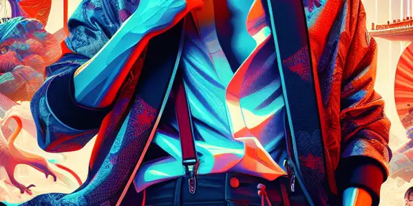 A dynamic movie poster featuring a confident character inspired by 杜汶泽, blending Hong Kong and Japanese cultural elements.