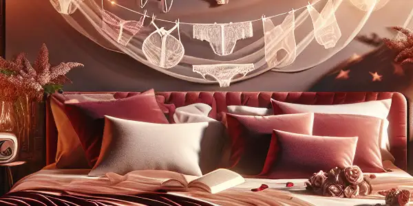 An intimate bedroom scene featuring elegant lingerie, soft lighting, and romantic elements for a sensual atmosphere.