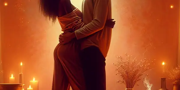 A cozy, intimate room featuring a diverse couple in a tender embrace, surrounded by warm lighting and romantic decor.