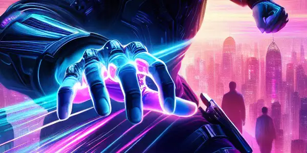 A dynamic movie poster featuring Tony Leung in a high-tech costume against a futuristic urban backdrop.