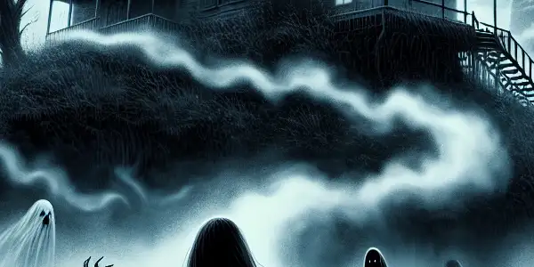 A dark, eerie landscape featuring a dilapidated house, ghostly figures, and fog, evoking classic horror themes.