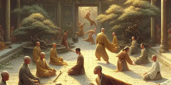Monks practicing kung fu in a serene Shaolin Temple courtyard, blending martial arts with Zen culture and human emotion.