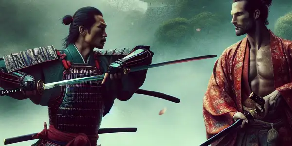 A tense samurai duel amidst cherry blossoms, with a woman in a kimono observing from behind a tree.