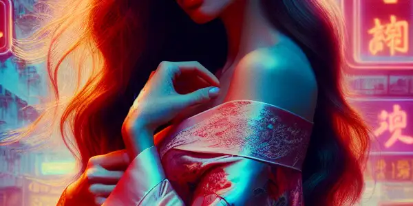A young woman in a flowing silk robe, surrounded by vibrant colors and Hong Kong's atmosphere, embodies romance and sensuality.