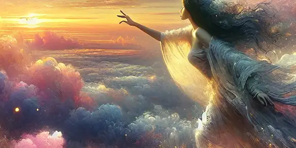 A young woman interacts with fluffy clouds in a pastel sunset sky, embodying adventure and romance.